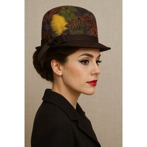 Vintage 1960s Womens Pheasant Feather Hat Angel Designs Brown Wool Dress Toque